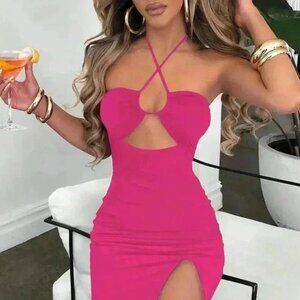 Hot Pink Casual Women's Sleeveless Sexy Bodycon Open-Back Dress